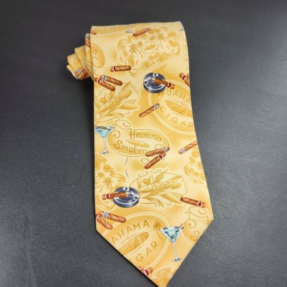 Tommy Bahama Tie Cigar Havana Smoker Necktie Silk Handmade Neck Tie Yellow - Picture 2 of 9